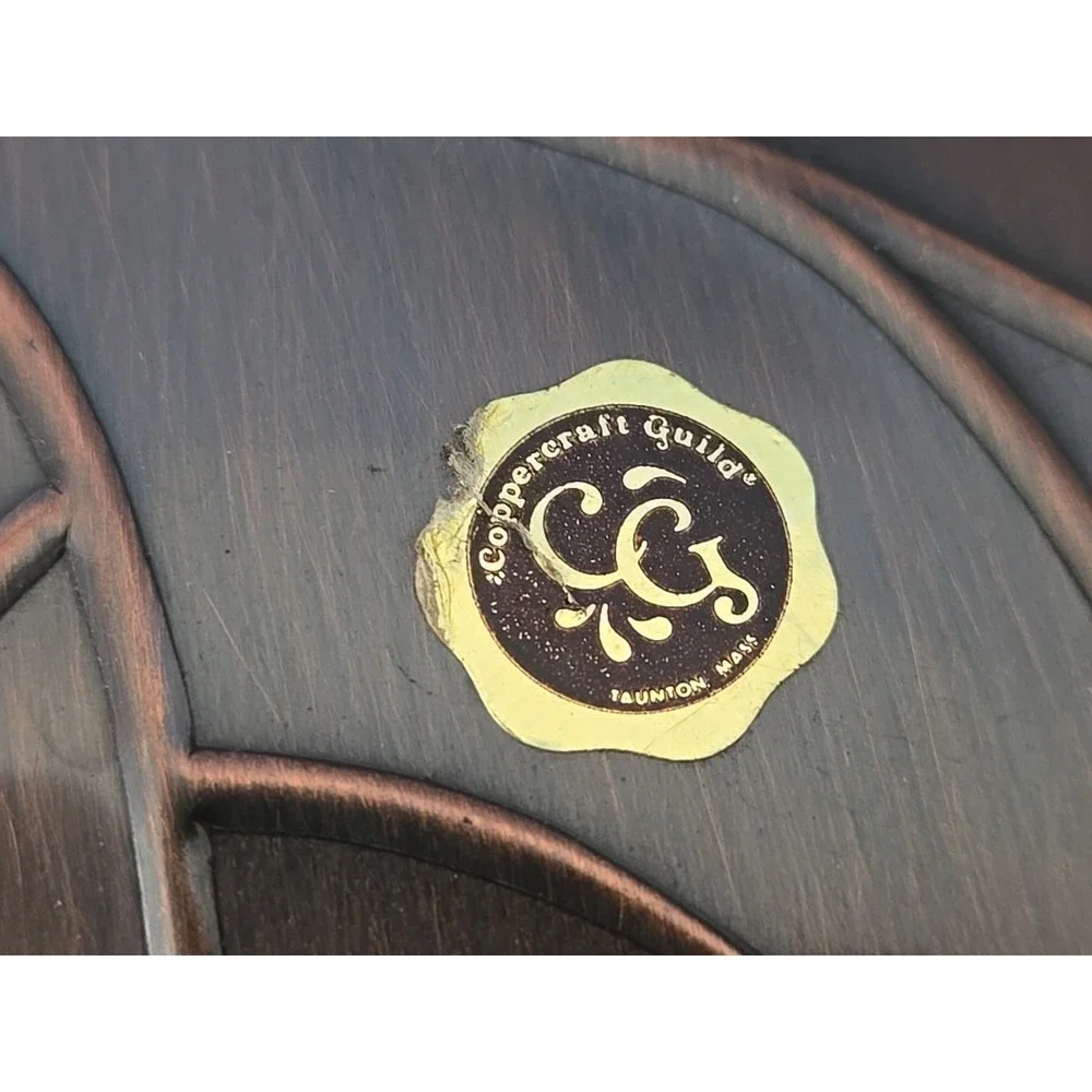 Copper Oak Leaf Bowl Trinket KEYS candy Coppercraft Guild USA Brass Ring Handle‎